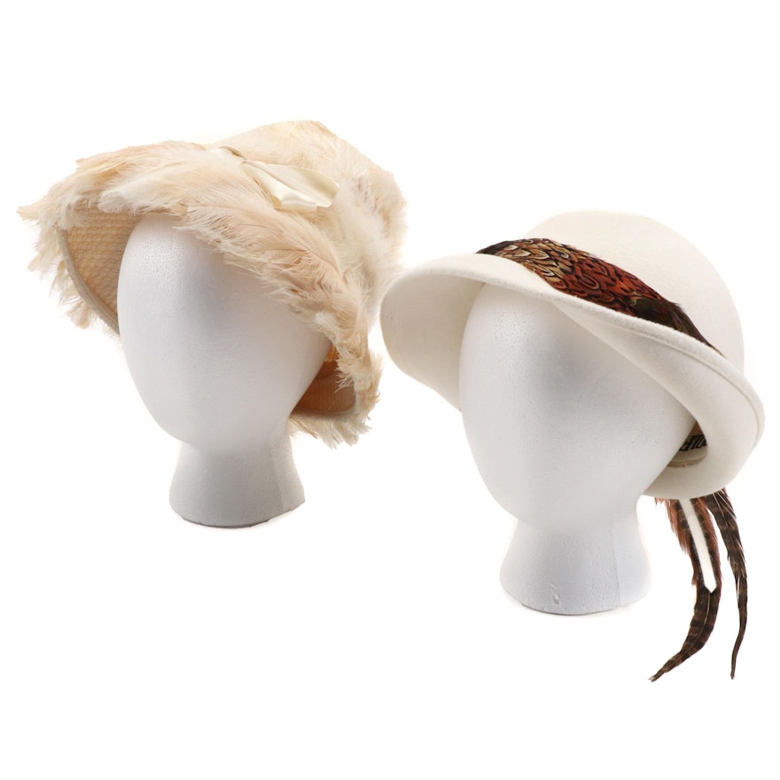 Adolfo and Union Made Cloche Style Feathered Hats, Vintage