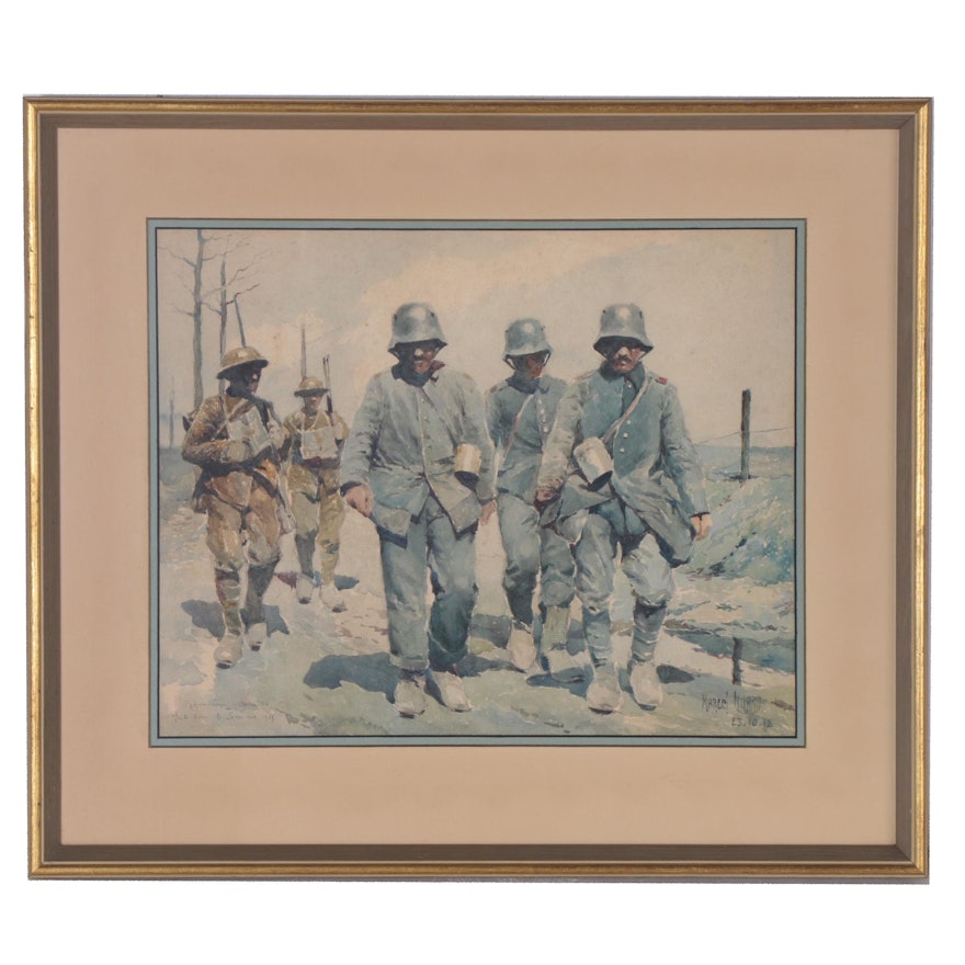 Marcel Huard World War I Genre Watercolor Painting, 1923