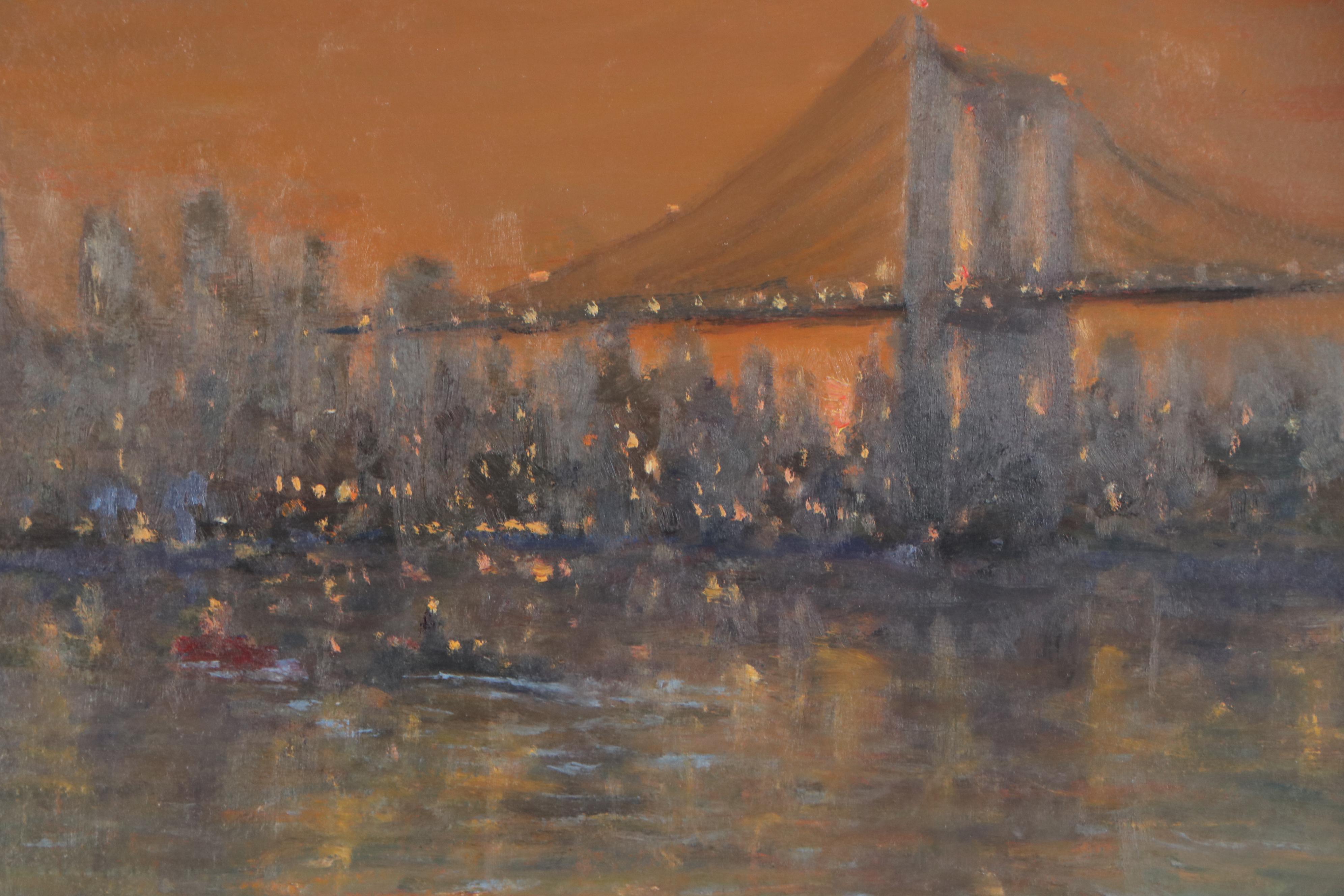 Robert Alan Waltsak Oil Painting of a Twilight Cityscape