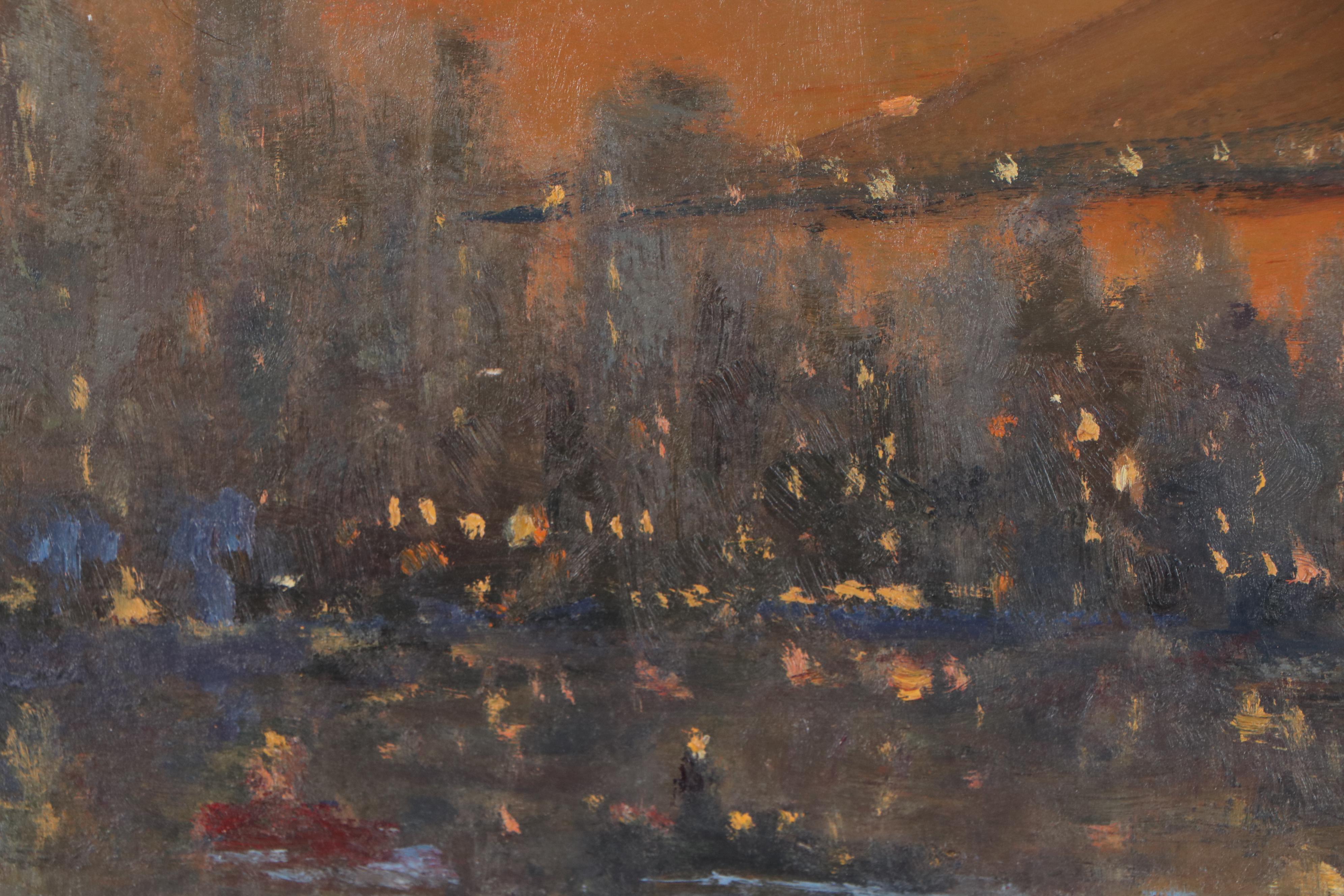 Robert Alan Waltsak Oil Painting of a Twilight Cityscape