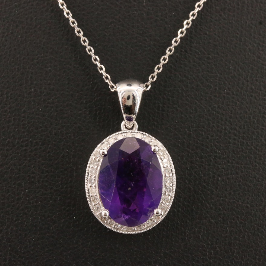 10K Amethyst and Diamond Pendant on 14K Chain Necklace