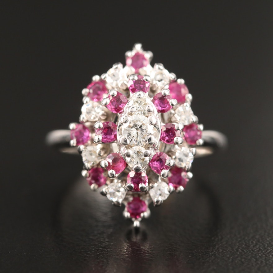 14K Tiered Diamond and Ruby Navette Ring