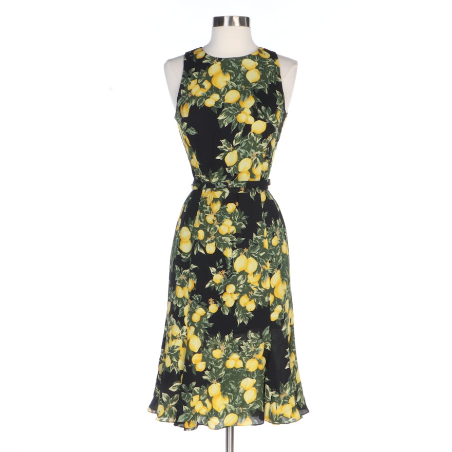 Escada Lemon Print Crepe Silk Double Wrap Belt Sleeveless Dress