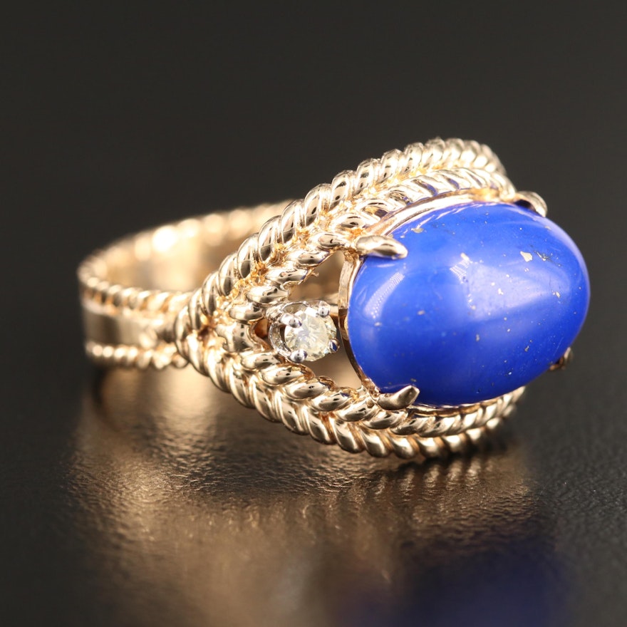 14K Imitation Lapis Lazuli Ring with Diamond Accents and Rope Detail