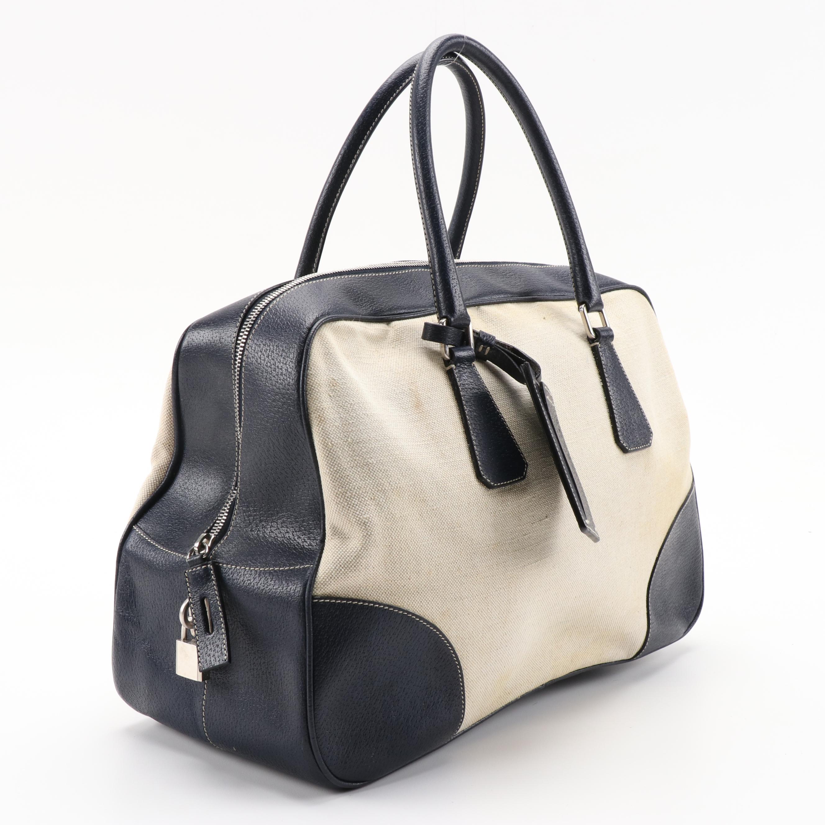 Prada Navy and Light Beige Canvas Bowler Bag