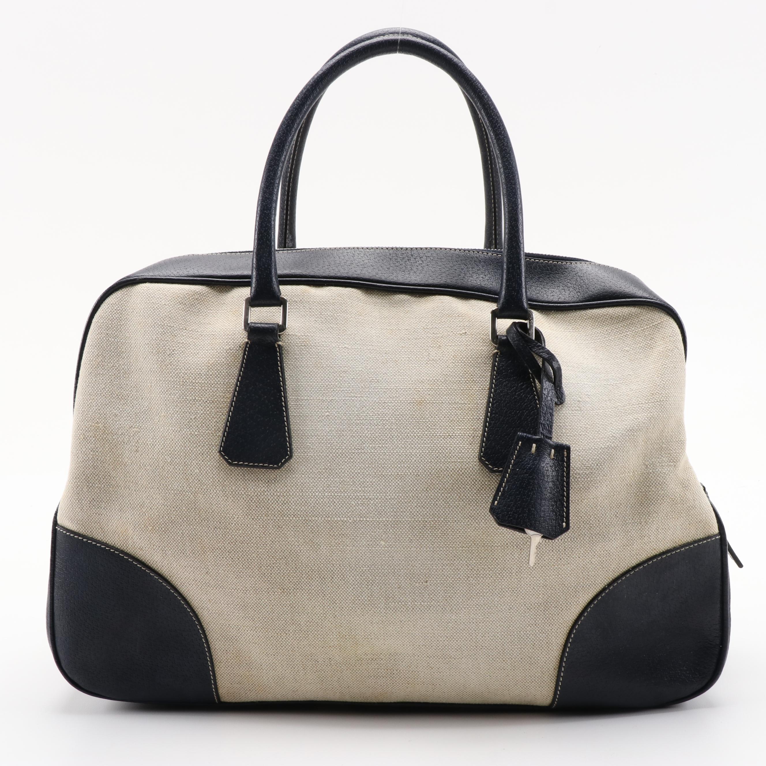 Prada Navy and Light Beige Canvas Bowler Bag