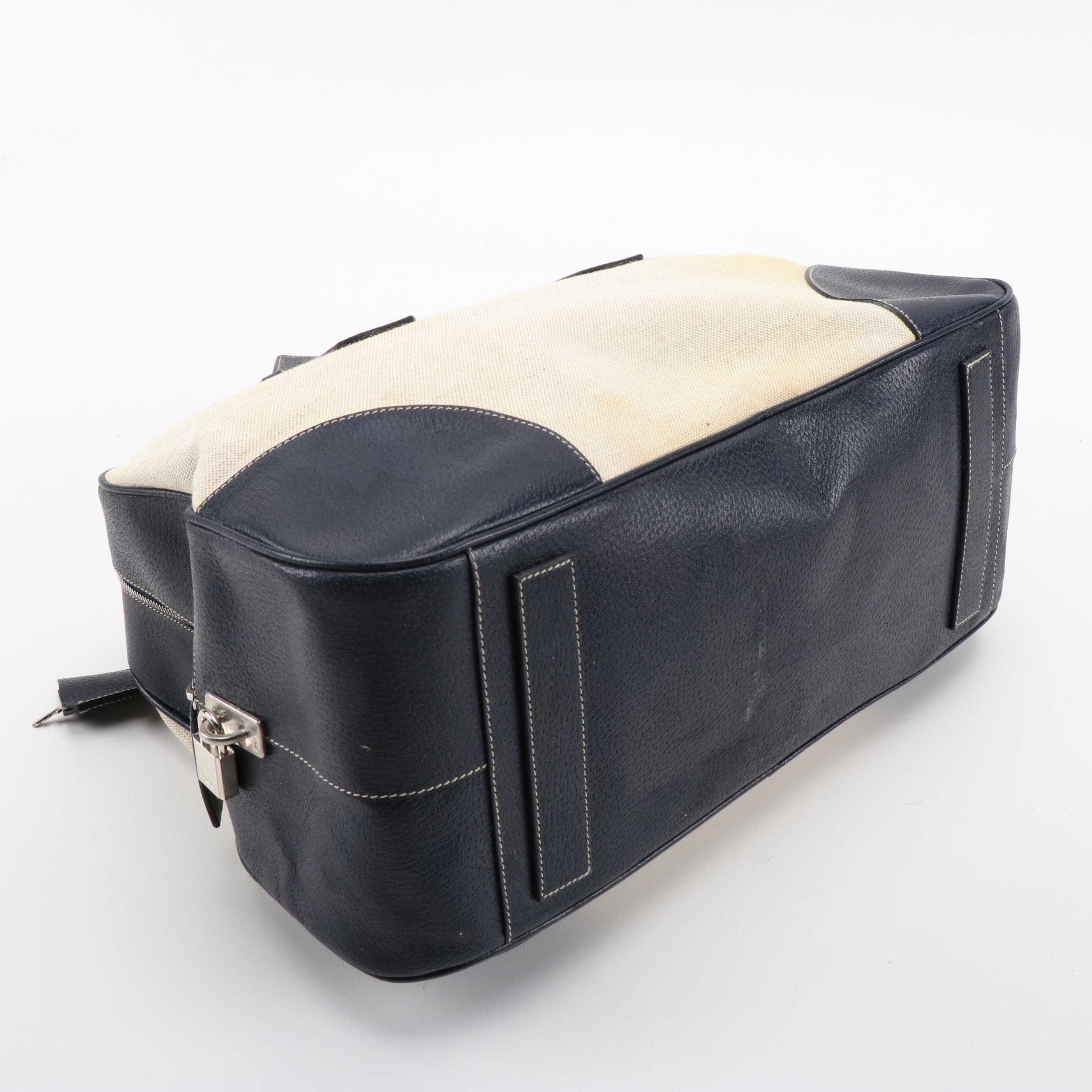 Prada Navy and Light Beige Canvas Bowler Bag