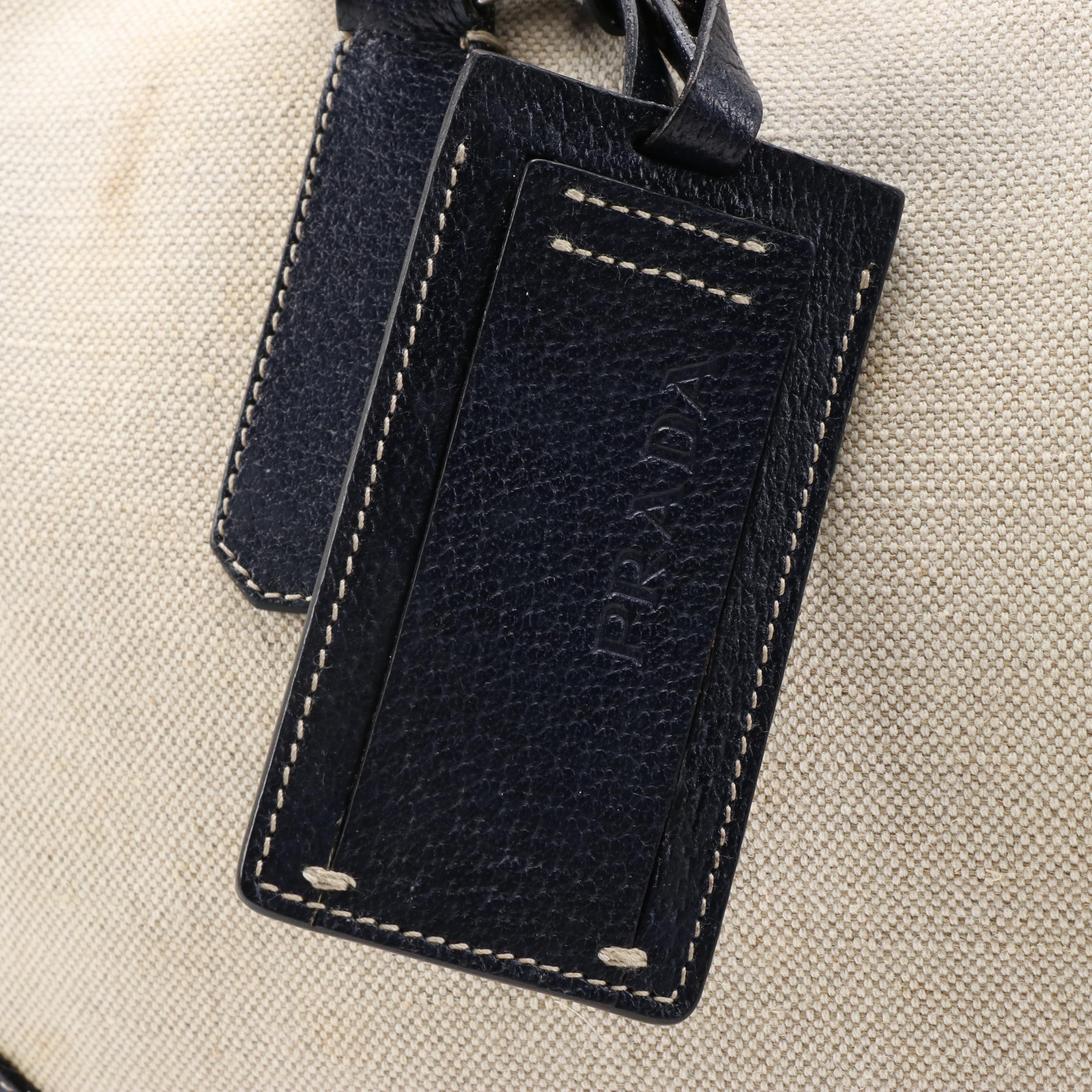 Prada Navy and Light Beige Canvas Bowler Bag