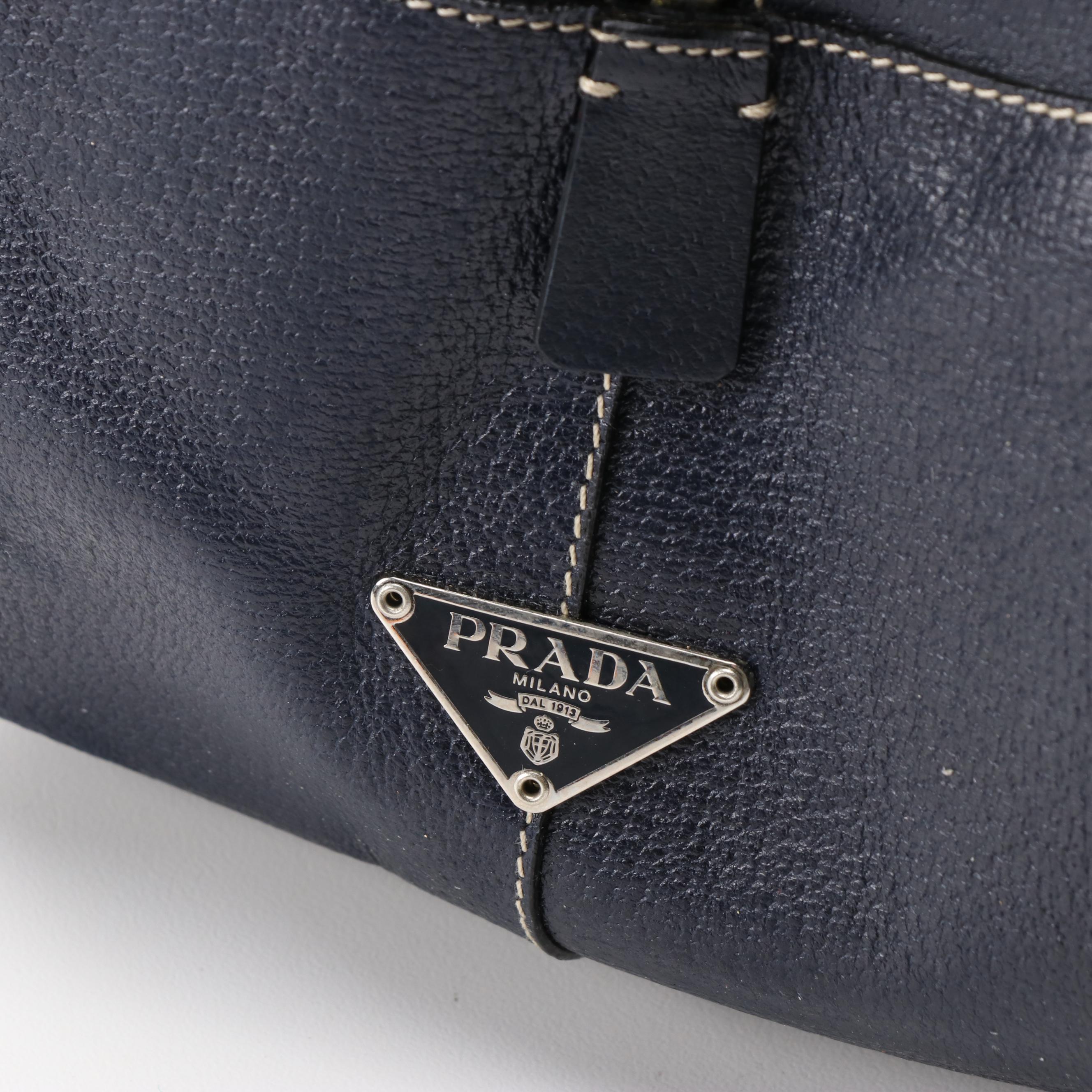 Prada Navy and Light Beige Canvas Bowler Bag