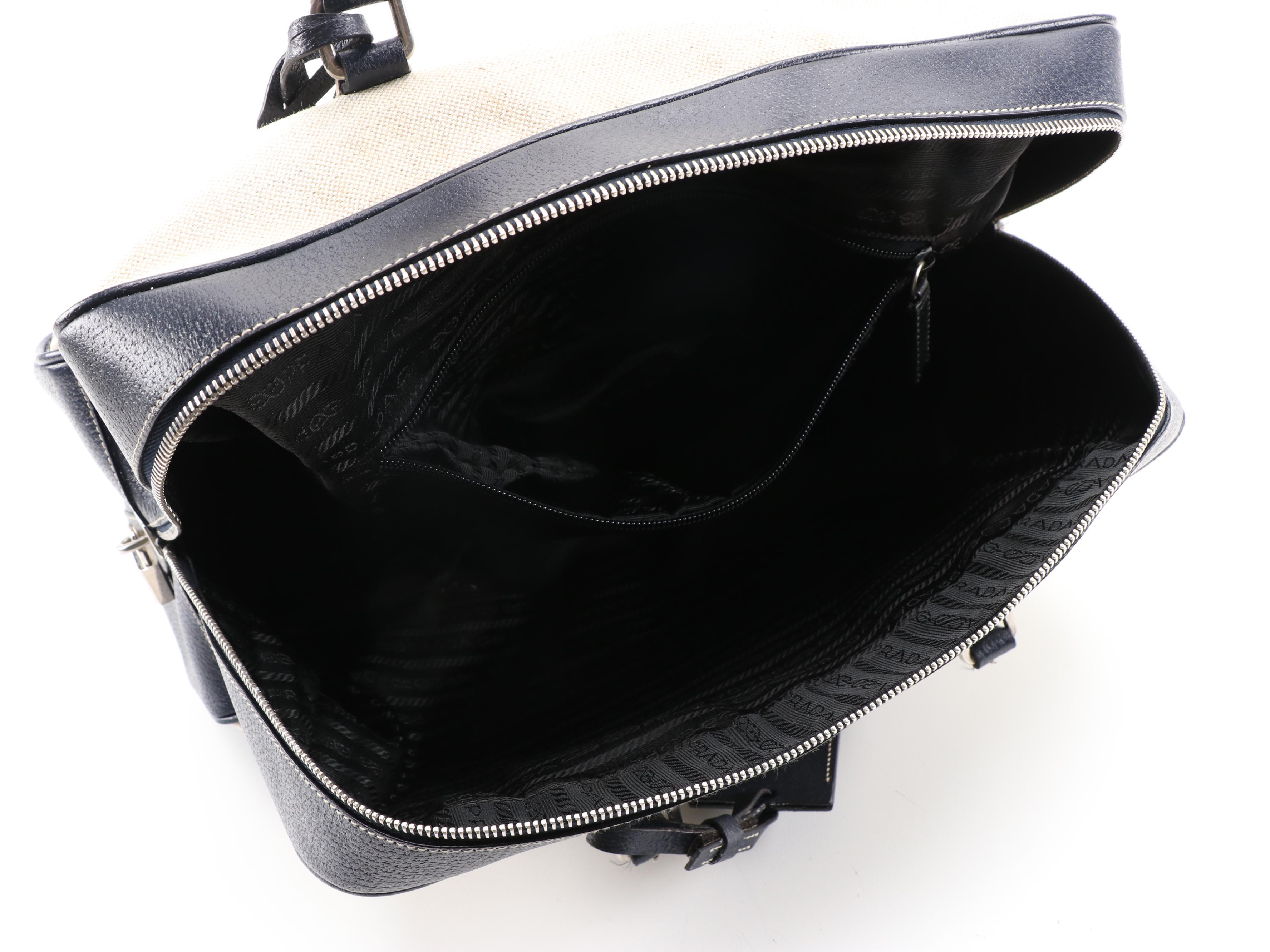 Prada Navy and Light Beige Canvas Bowler Bag