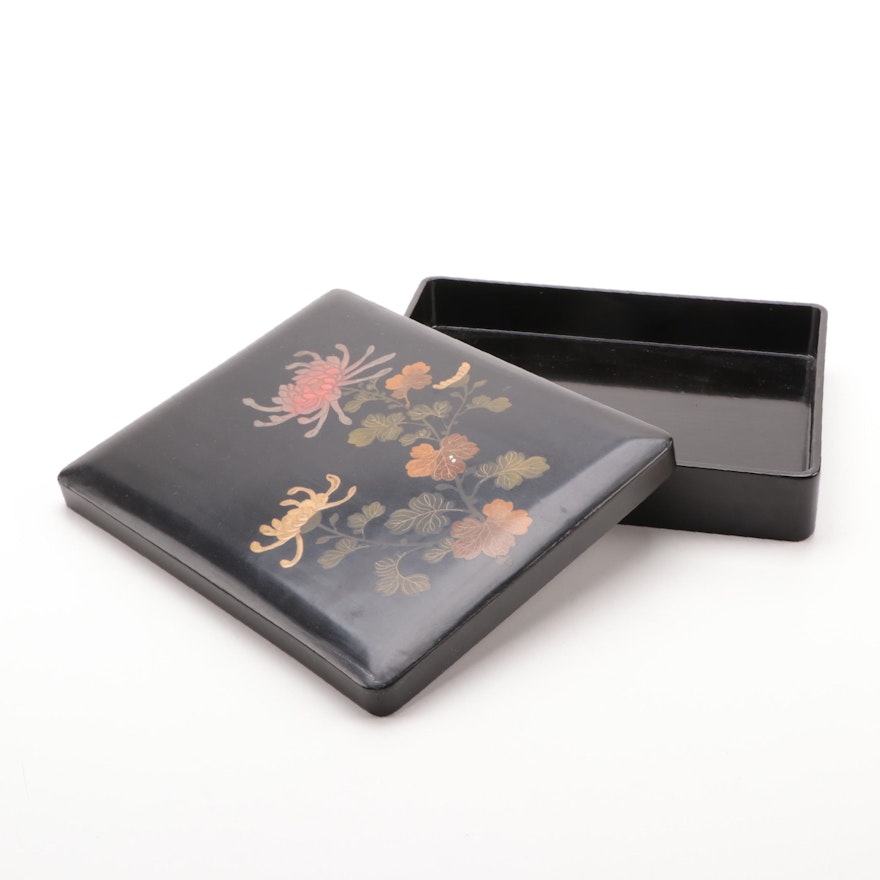 East Asian Lacquer Lidded Box with Floral Motif, Late 20th Century