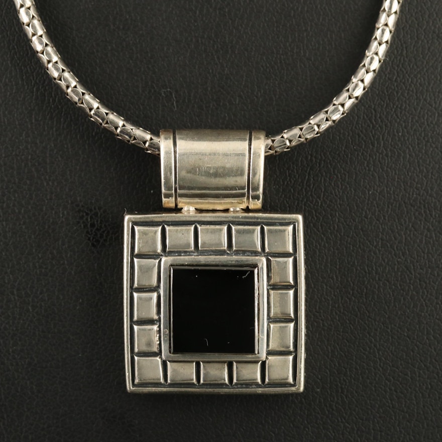 Sterling Black Onyx Square Pendant Necklace