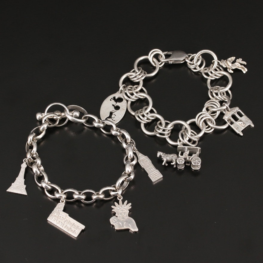 Sterling Silver Charm Bracelets Including Eiffel Tower and Unicorn