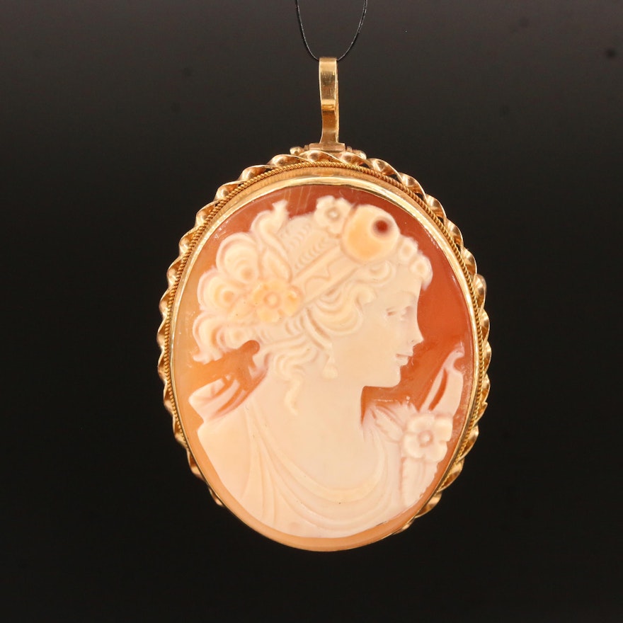 Signed 14K Shell Cameo Converter Brooch