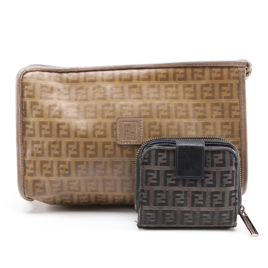 Fendi Zucchino Coated Canvas Clutch and Zucca Canvas and Leather Wallet