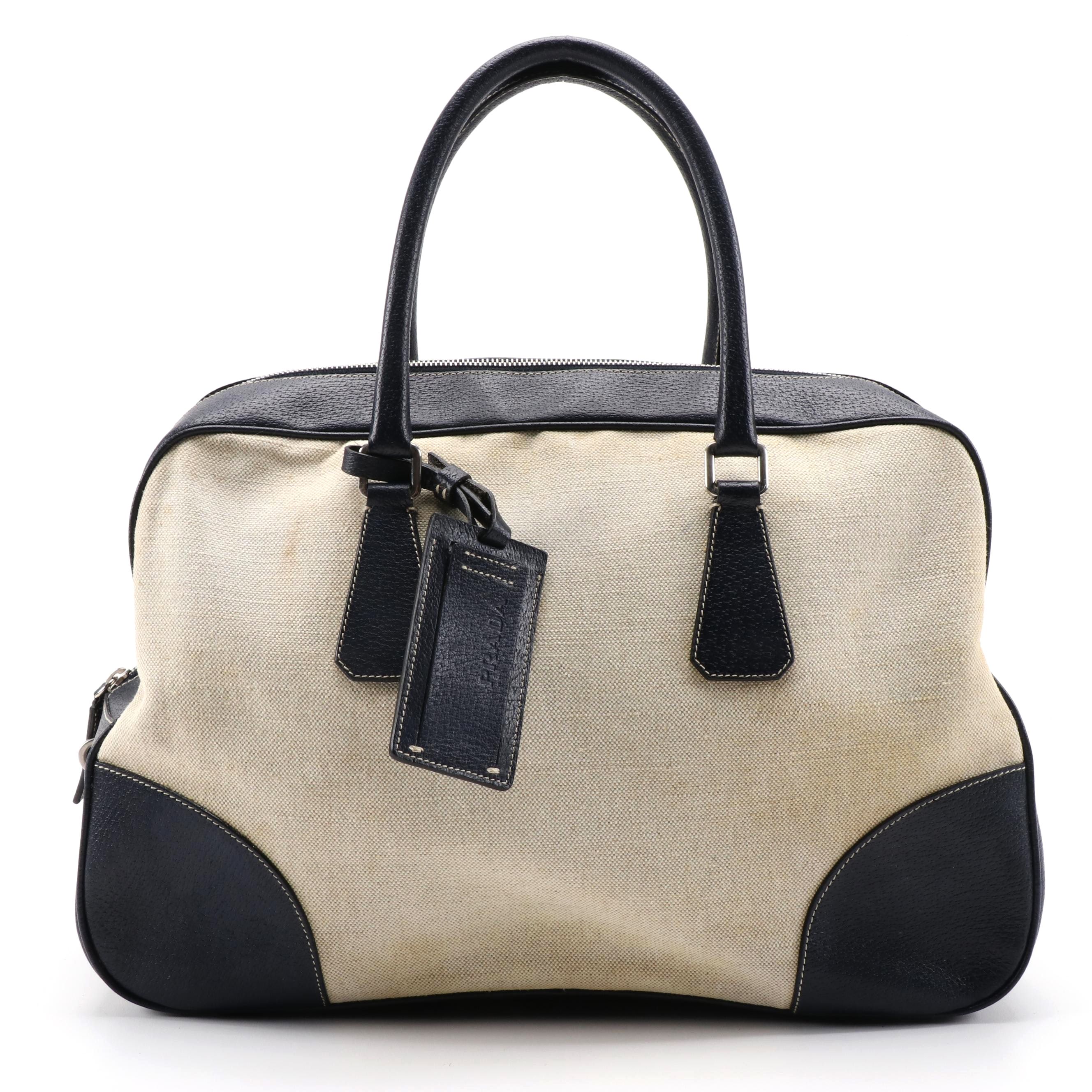 Prada Navy and Light Beige Canvas Bowler Bag