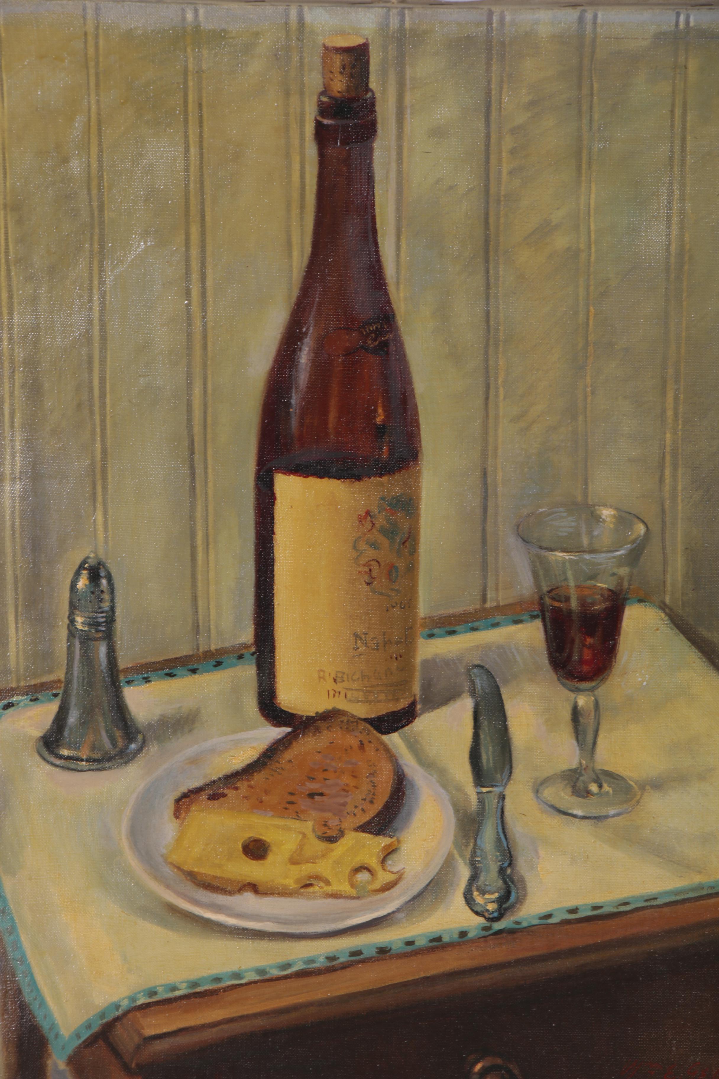 William E. Gebhardt Oil Painting of Cheese and Wine Still Life, 20th Century
