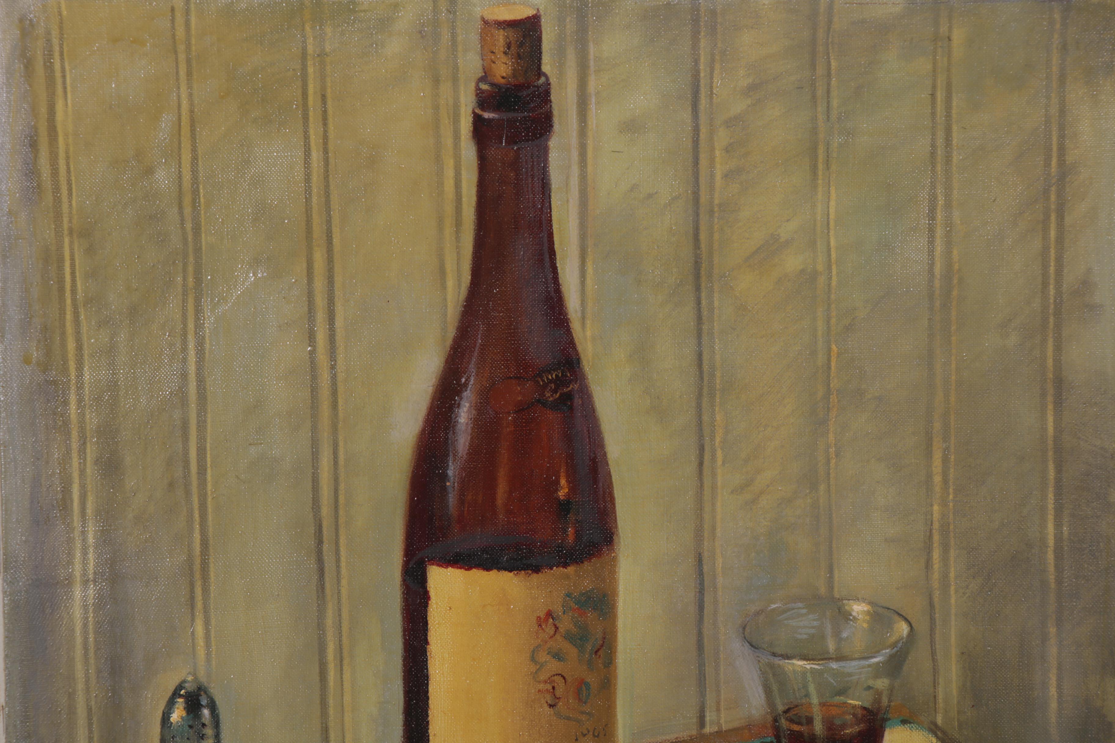 William E. Gebhardt Oil Painting of Cheese and Wine Still Life, 20th Century