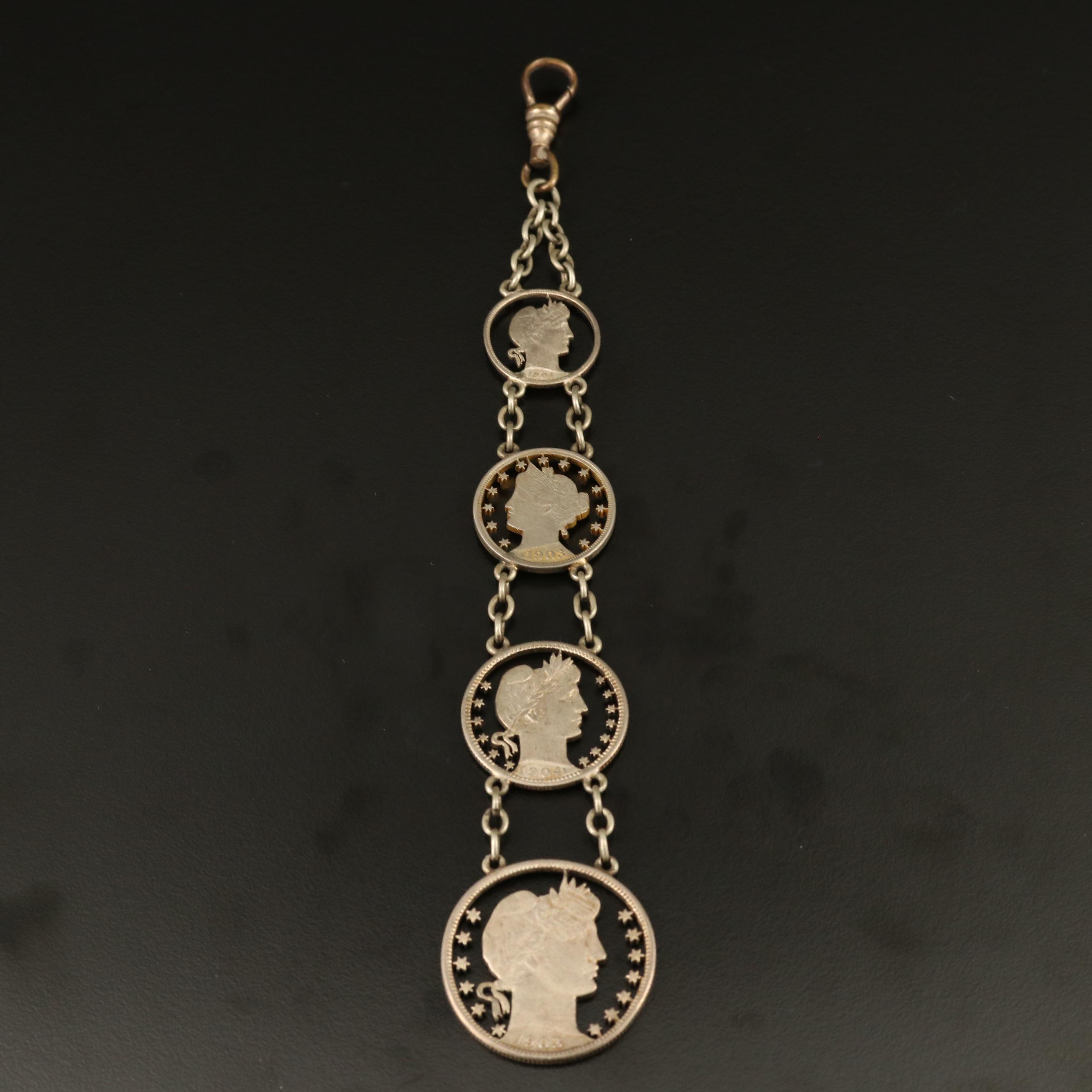 Watch Fob with 1906 Barber Half Dollar, 1904 Barber Quarter and More