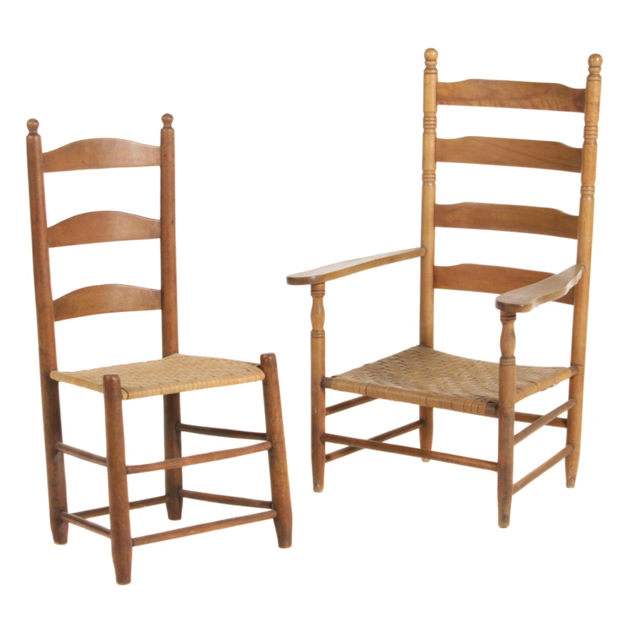 Two American Primitive Ladderback Armchairs with Splint Seats, Early 20th C.