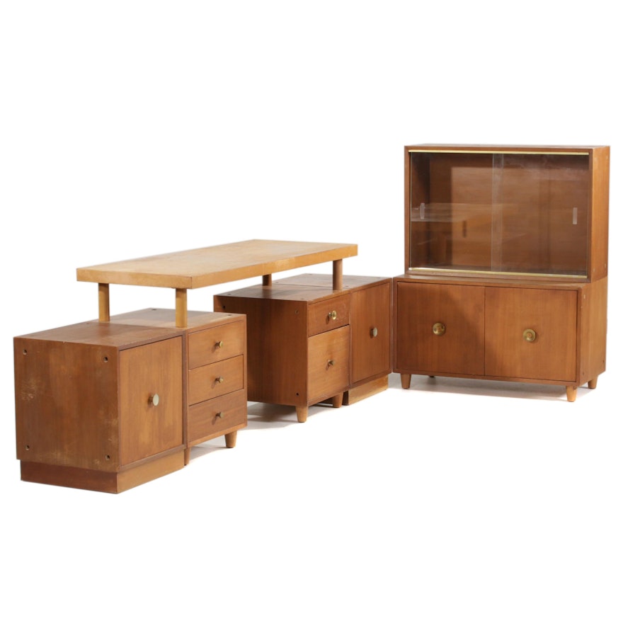 Mengel Mid Century Modern Modular Mahogany Veneer Desk and Cabinets