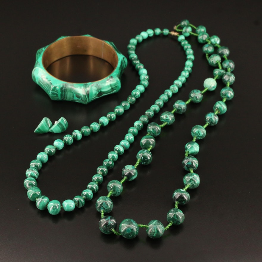 Malachite Jewelry Featuring Stud Earrings, Beaded Necklaces and Bangle