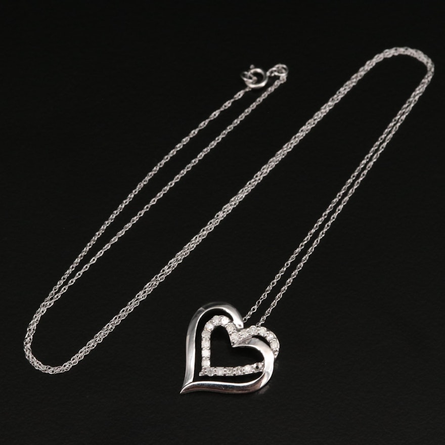10K Diamond Double Open Heart Pendant Necklace