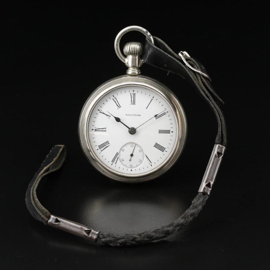 1903 Waltham Nickel Open Face Pocket Watch with Braided Leather Fob