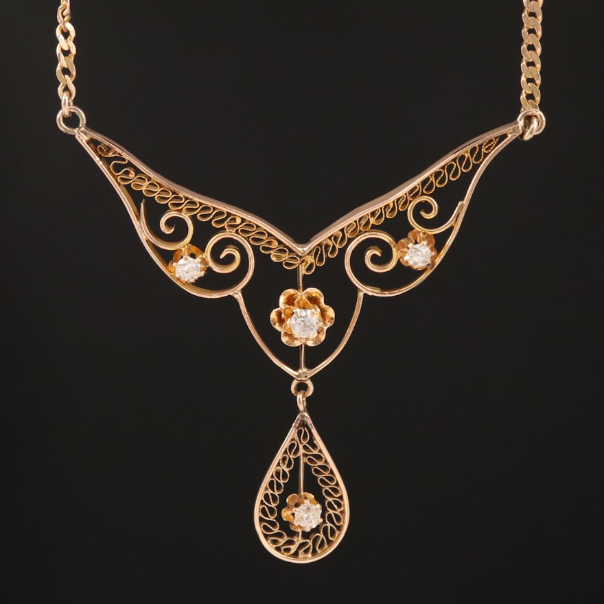 14K Diamond Filigree Stationary Necklace