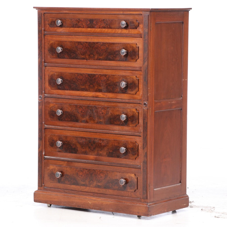 Victorian Walnut and Burl Walnut Six-Drawer Lockside Chest, Late 19th Century