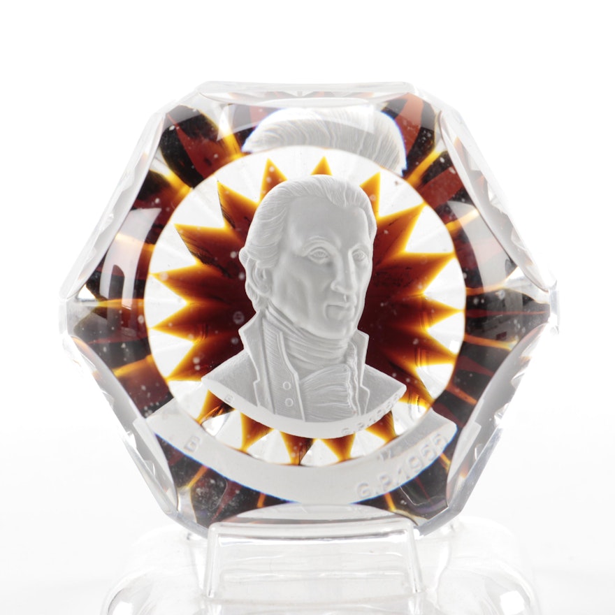 Baccarat Crystal Paperweight with James Monroe Sulphide Cameo, Mid-20th Century