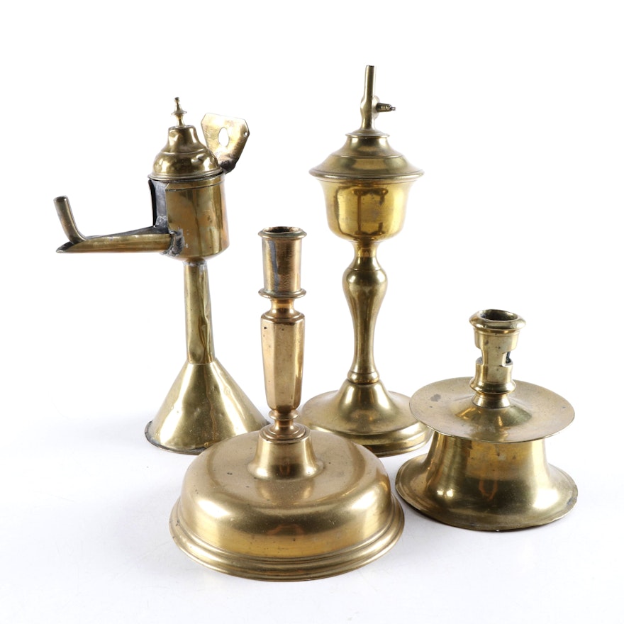 Brass Candlesticks and Whale Oil Lamps, Mid-19th Century