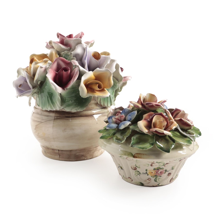 Capodimonte Flowers and other Italian Ceramic Lidded Jar, Mid-20th Century