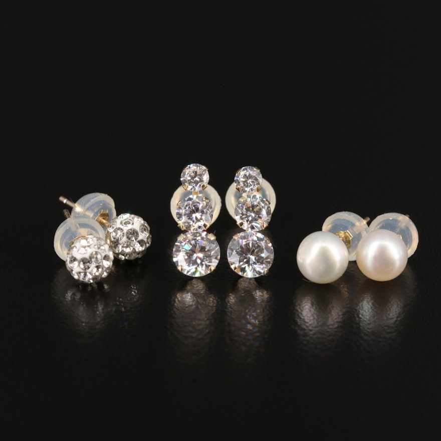 14K Stud Earrings with Rhinestones, Cubic Zirconia and Pearl