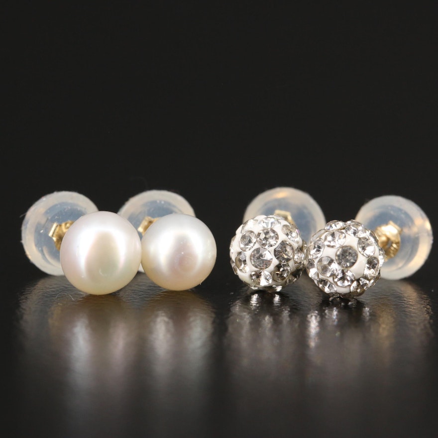 14K Pearl and Rhinestone Stud Earrings