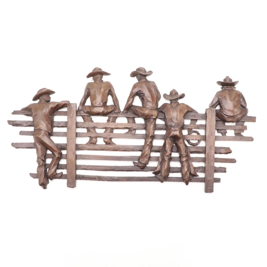 Bronze Wall Plaque of Cowboys on Fence