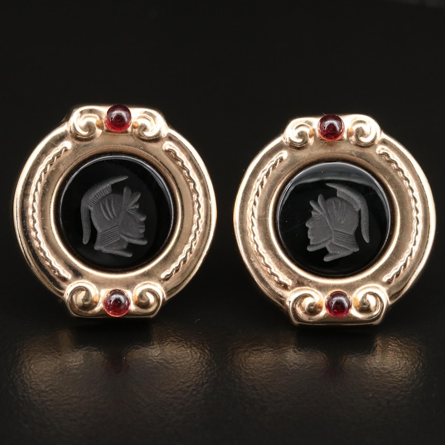 14K Intaglio Black Onyx and Rhodolite Garnet Button Earrings