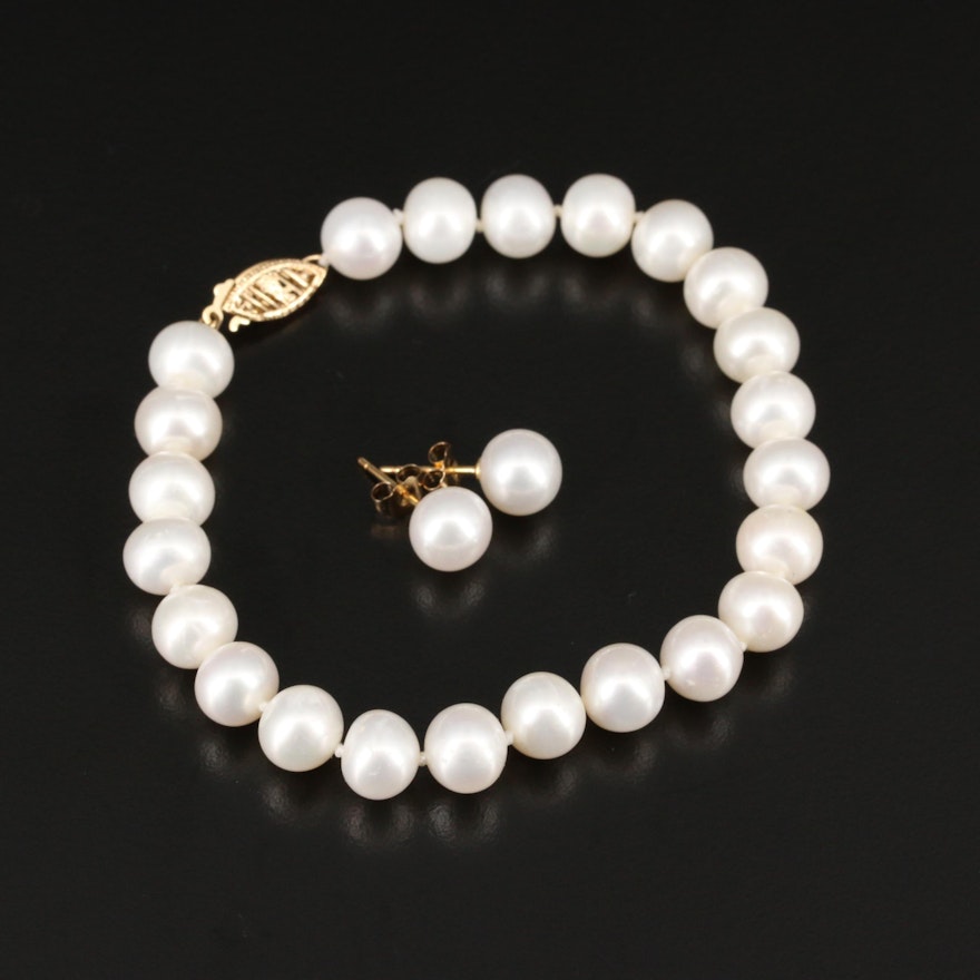 14K Pearl Bracelet and Stud Earrings