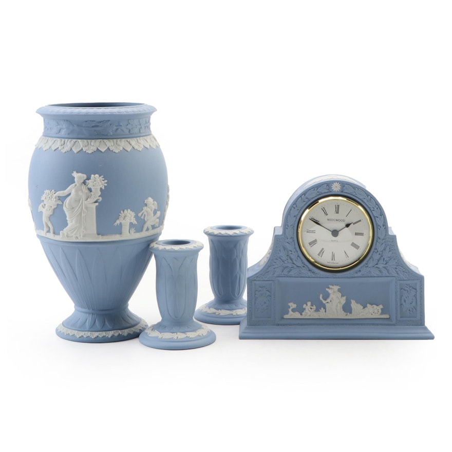 Wedgwood Blue Jasperware Vase, Candlesticks and Quartz Desk Clock