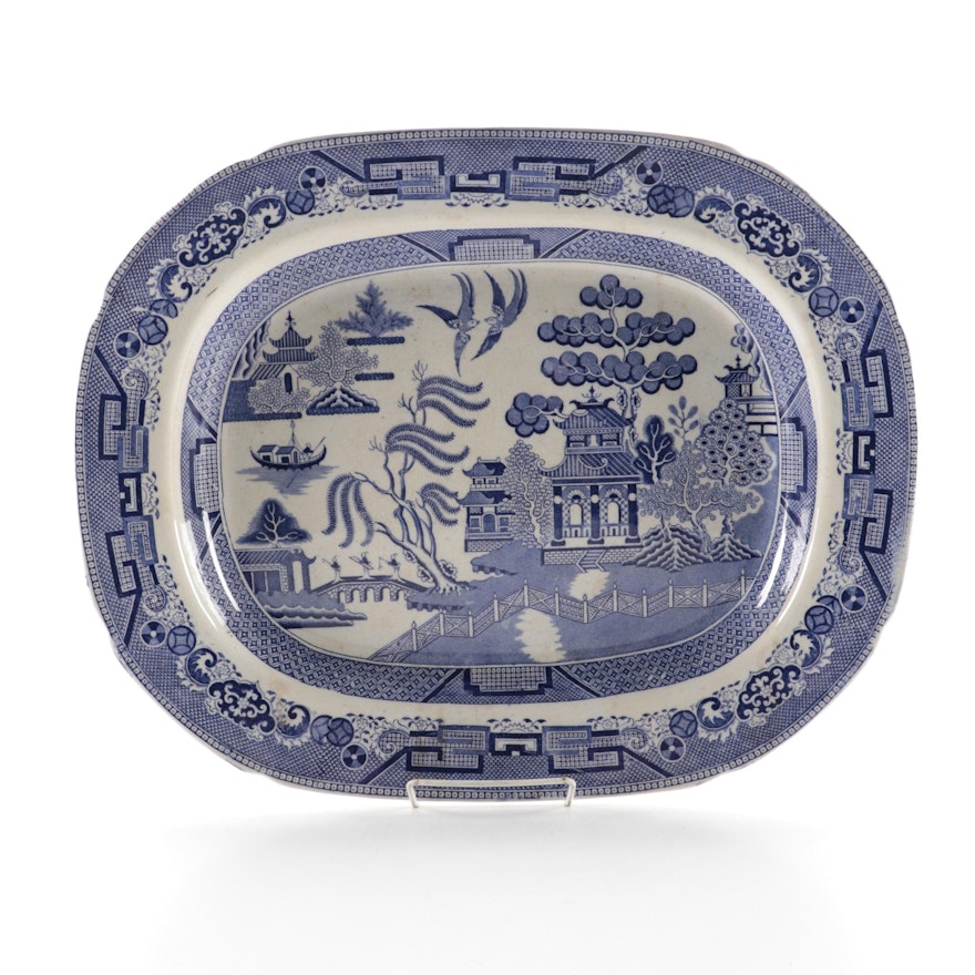 English Blue Willow Transferware Serving Platter, Antique