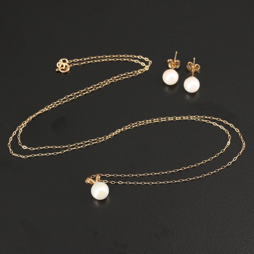 14K Pearl Earrings and Pendant on 10K Cable Chain Necklace