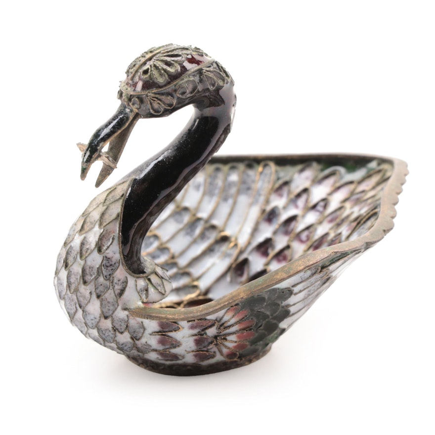 Chinese Champleve Enameled Brass Swan Ring Holder