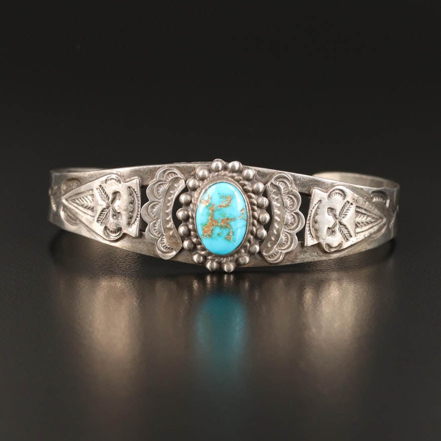 Western Style Sterling Silver Turquoise Cuff with Stampwork Details