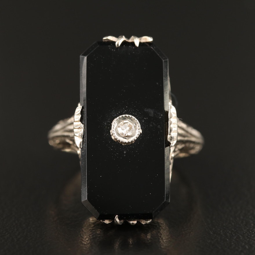 Edwardian 14K Onyx Tablet Ring with Diamond Accent