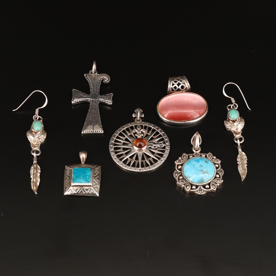 Sterling Pendants and Earrings Featuring Compass Rose and Cross Motif