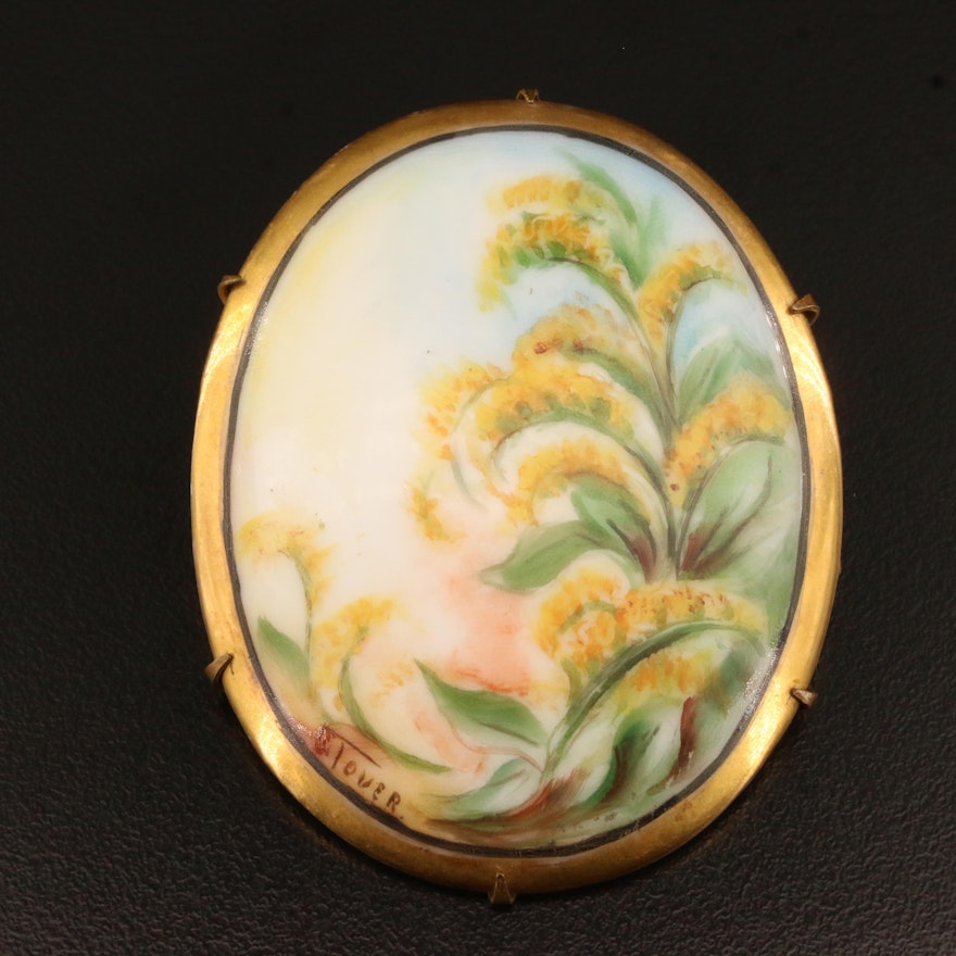 Signed Victorian Painted Goldenrod Porcelain Brooch