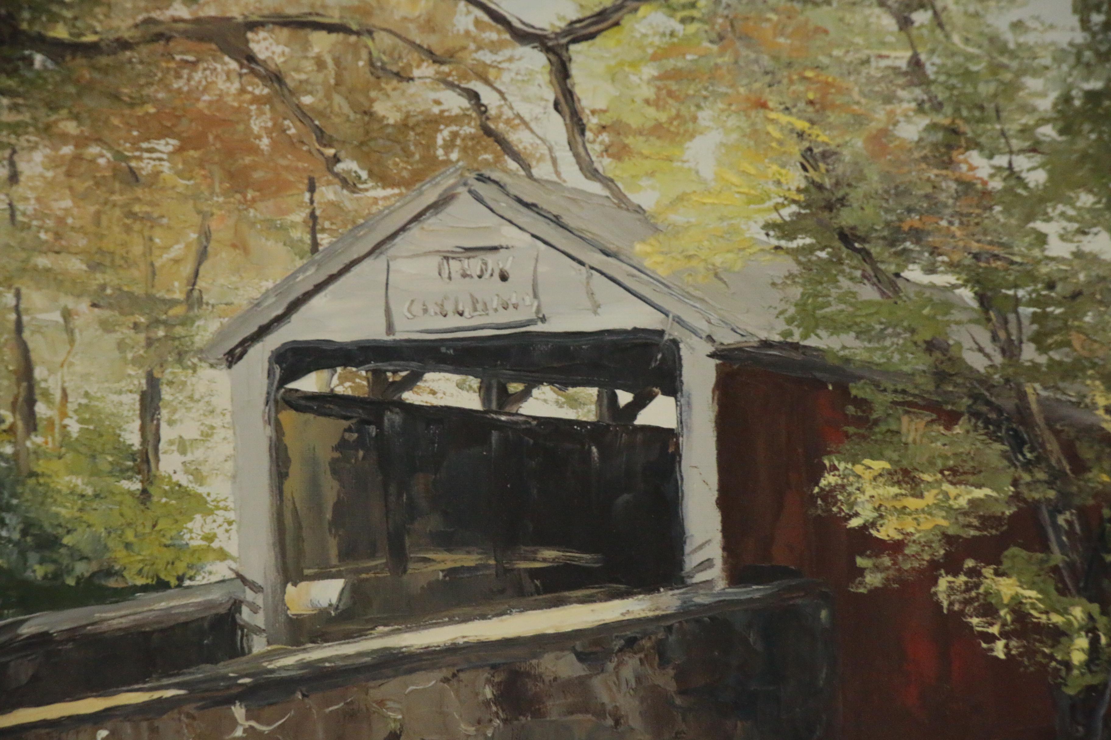Marilyn Dwyer Oil Painting of Covered Bridge, Late 20th Century