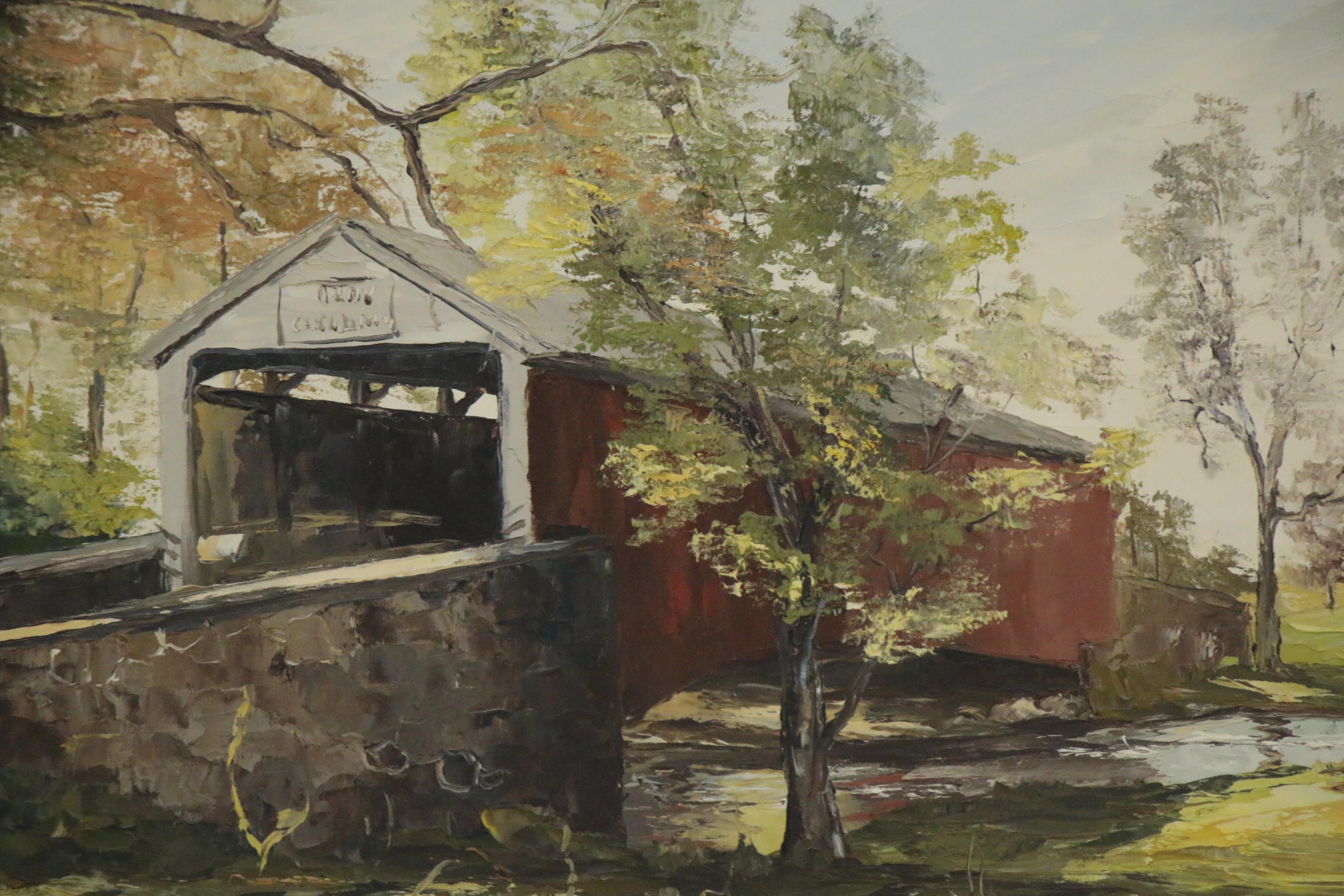 Marilyn Dwyer Oil Painting of Covered Bridge, Late 20th Century