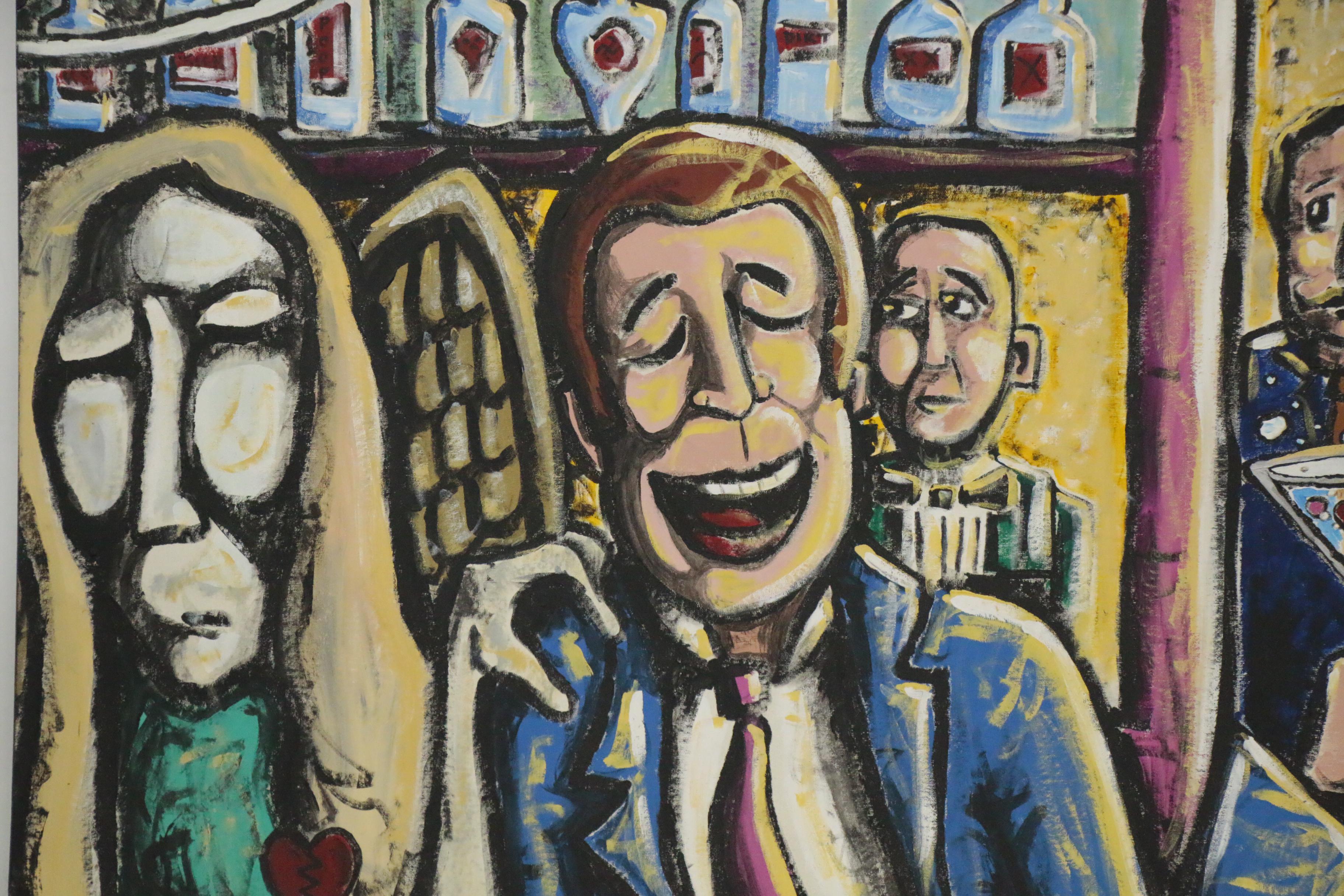 Big Chief Folk Art Oil Painting "Angel in Bar Room," 21st Century