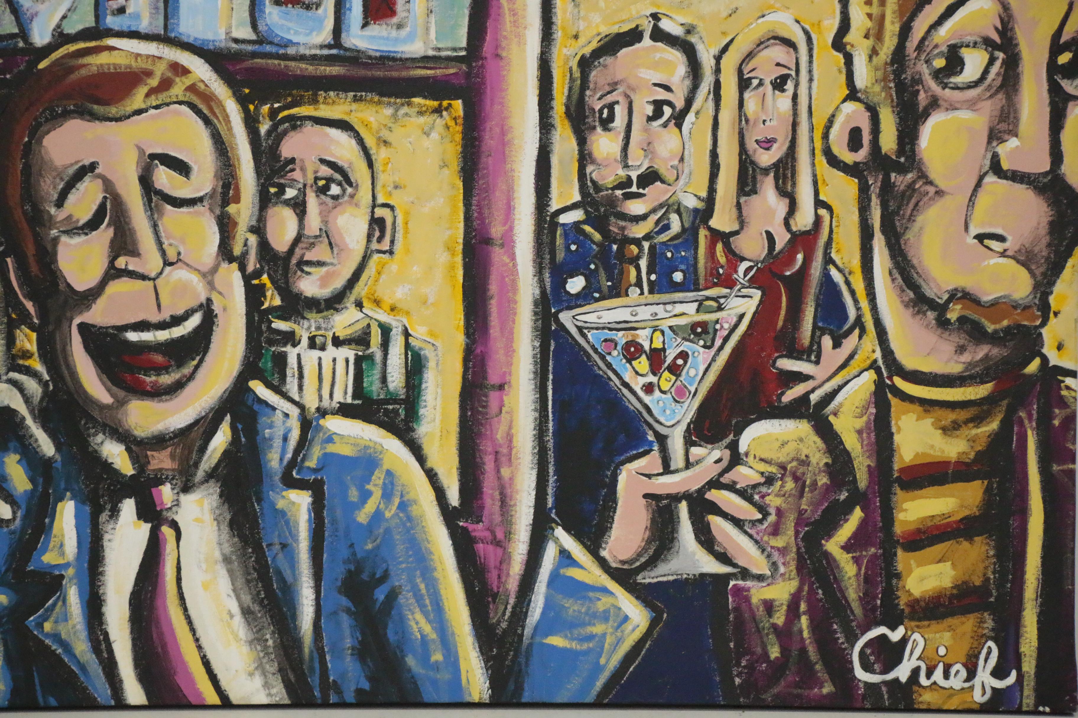 Big Chief Folk Art Oil Painting "Angel in Bar Room," 21st Century